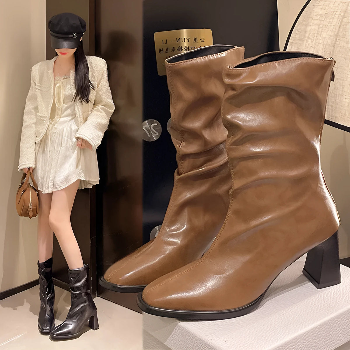 Women's wide fit high heel ankle boots with square toe, chunky heel, and back zipper in black, brown, or coffee.