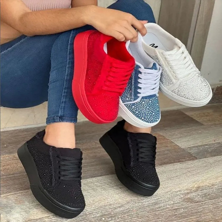 Plus size women's black casual shoes with rhinestone detail, thick rubber sole, and lace-up closure