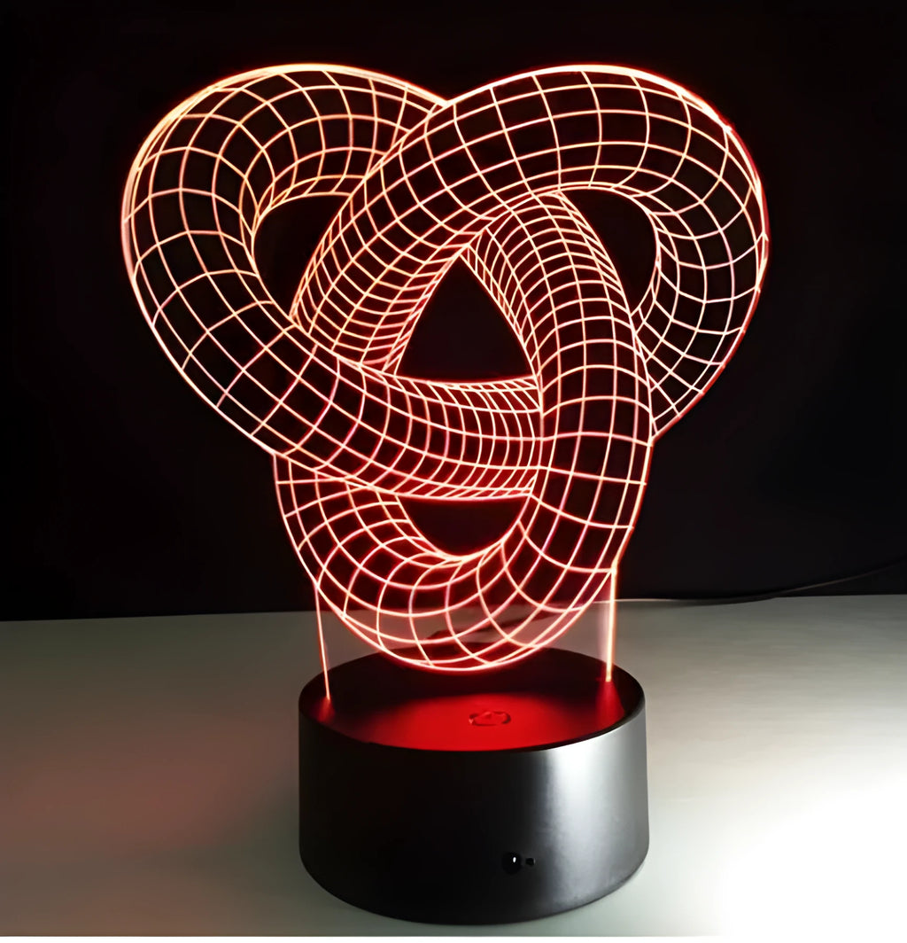 Knot 2 3D optical illusion LED lamp hologram with remote control and touch operation on a table