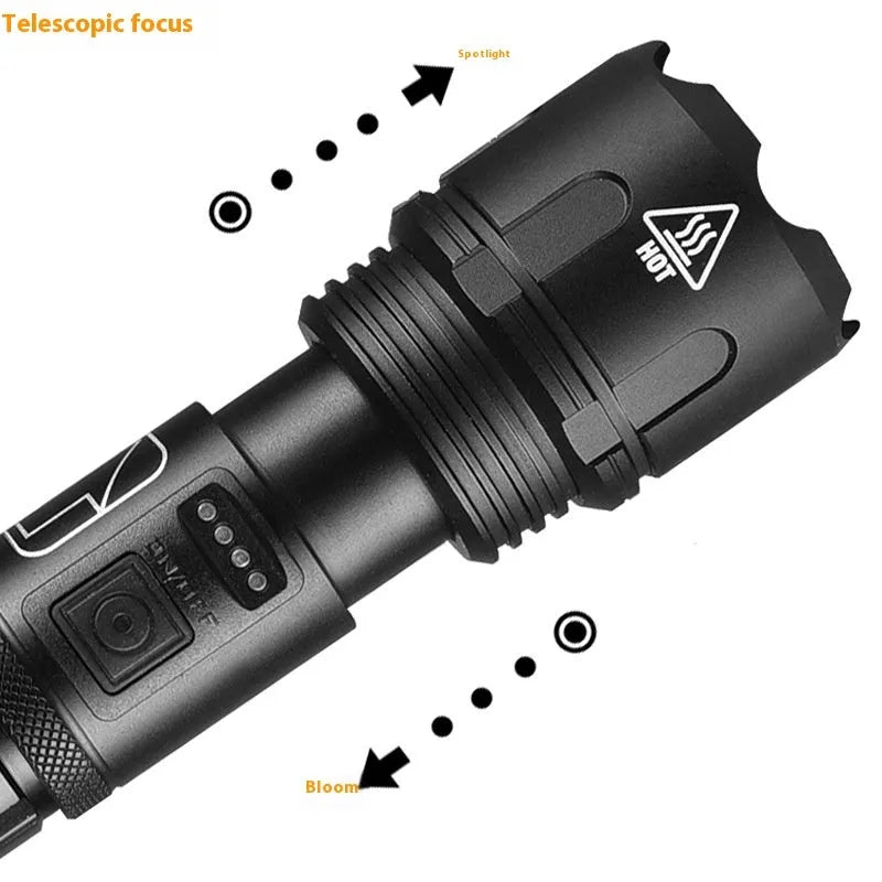 F-03 black aluminium alloy rechargeable focusing flashlight 800 lumens 15W telescopic zoom