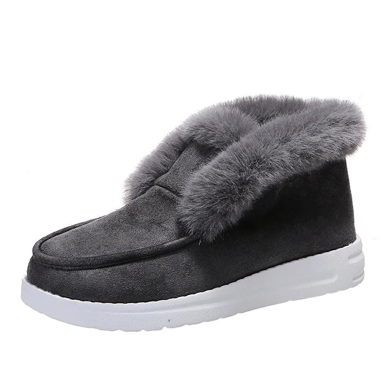 Women's snow boots ankle boots suede upper plush fur lining black colour low heel round toe