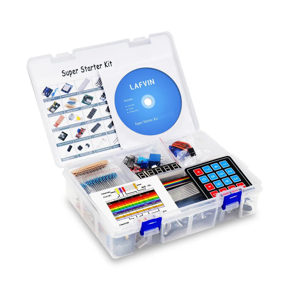 LAFVIN Arduino UNO R3 Super Starter Kit with blue controller board and electronic components