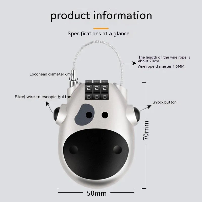Cow lock retractable wire rope helmet lock with chain in black and silver options