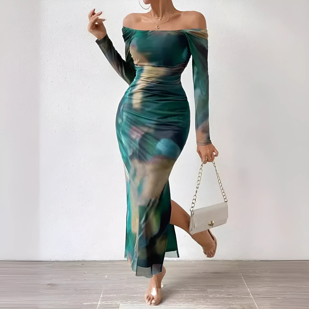 Women's printed pleated fishtail dress with gradient colour mesh fabric and square collar
