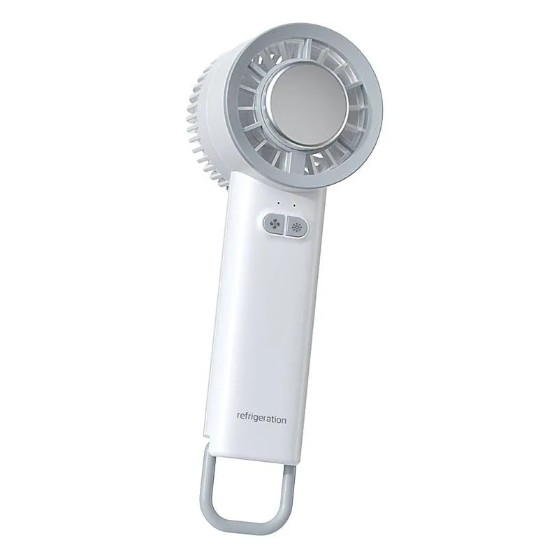 White handheld portable fan with turbo jet airflow and ice cooling function showing compact design