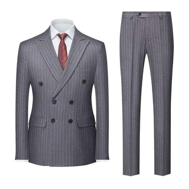 Men's slim fit striped double-breasted suit jacket and trousers on a hanger.