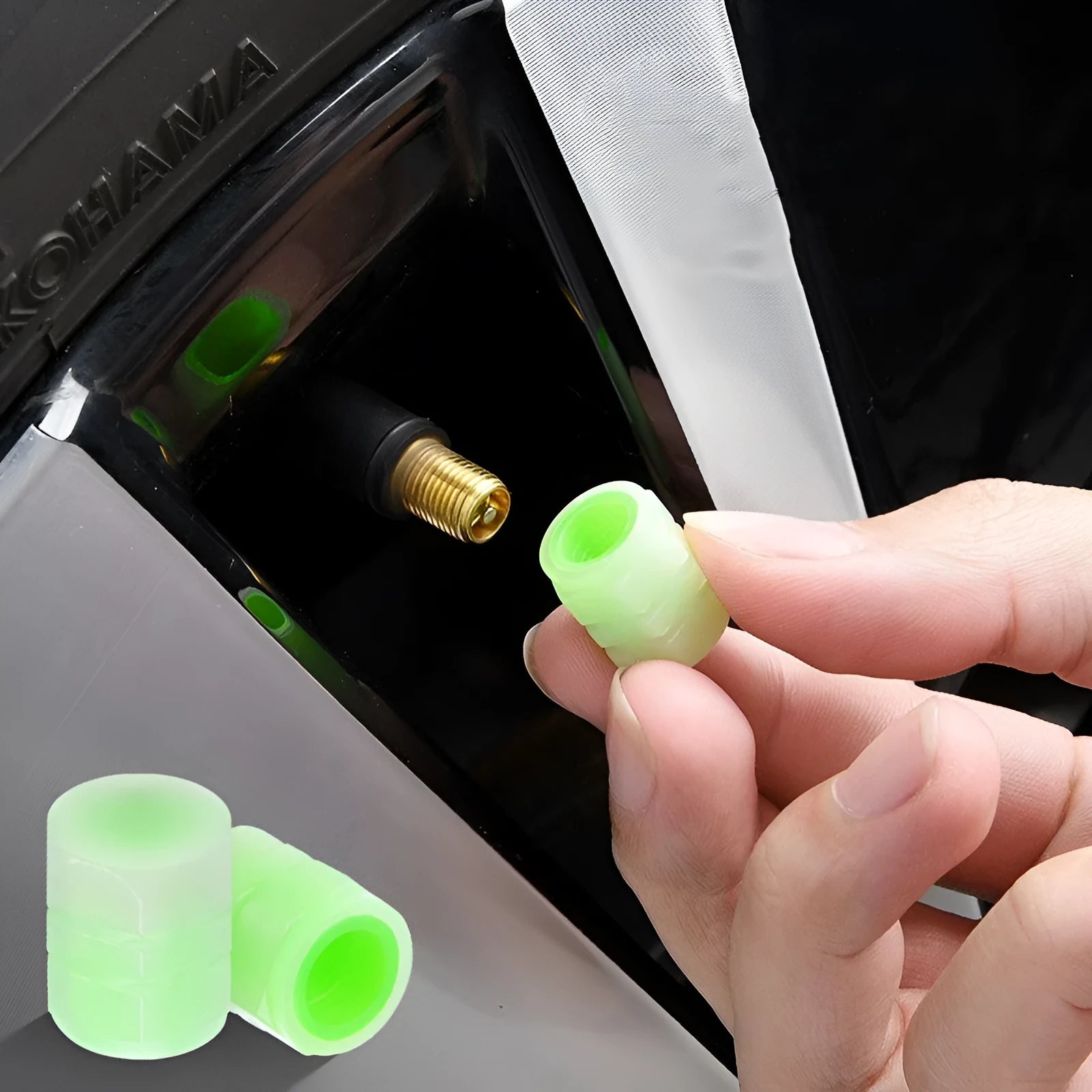 Black rubber car luminous valve caps with glow feature for tyre valves.