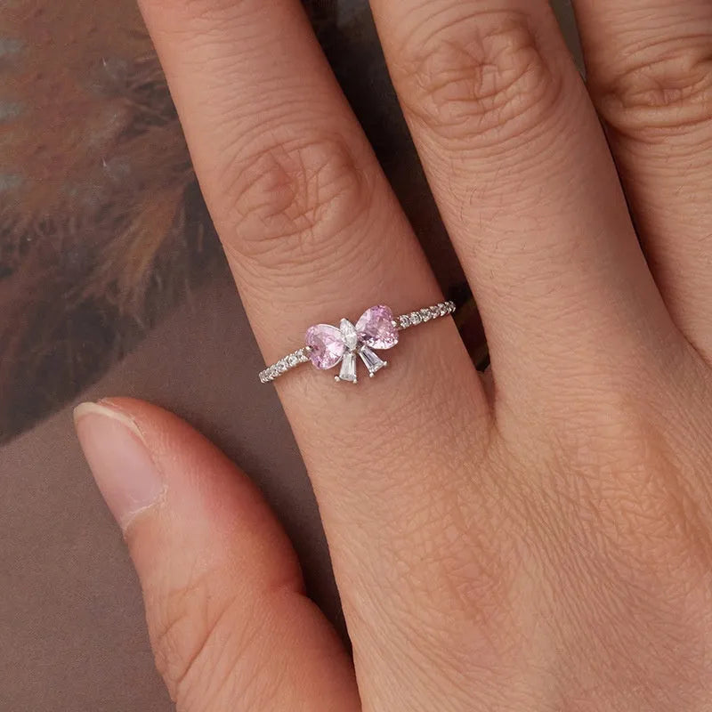 S925 sterling silver bow ring with zircon accent, electroplated silver-tone finish, US sizes 6 to 8