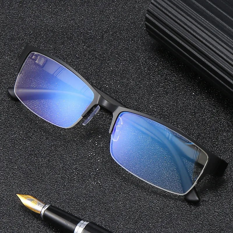 Men's myopia glasses with metal half-frame in black colour, simple design