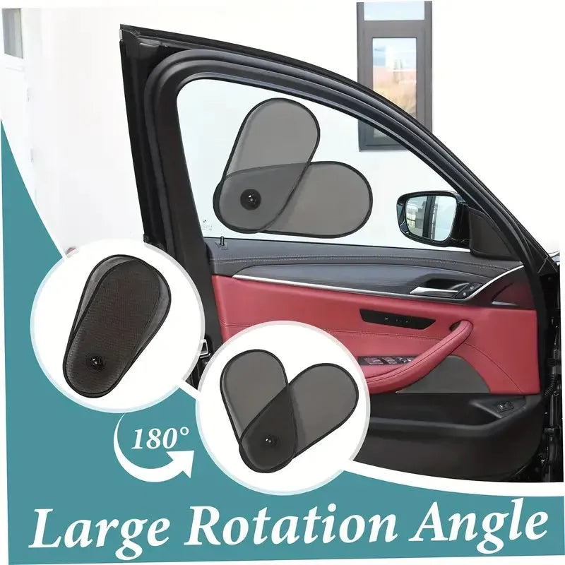Black breathable car window shades with suction cups stretched across vehicle side window
