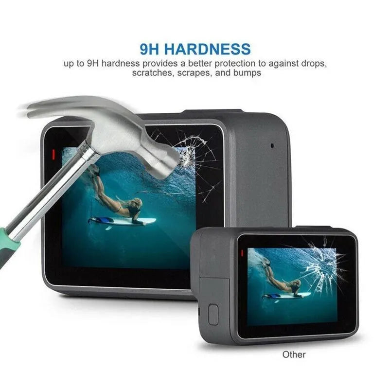 GoPro Hero 5 6 7 tempered glass screen and lens protector films set on a white background.