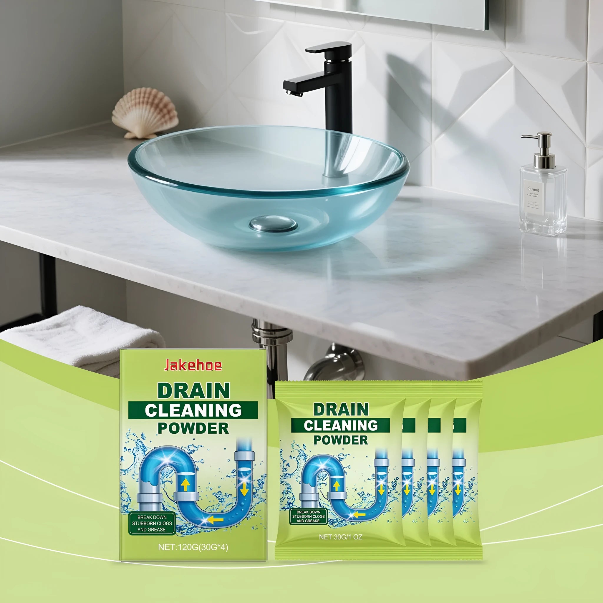 120g tub of chemical drain cleaning powder with sodium hydroxide and aluminium powder formulation