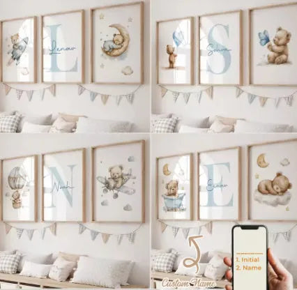 Watercolour little bear canvas painting set of 3 frameless Nordic wall art, 30x40cm and 40x50cm sizes