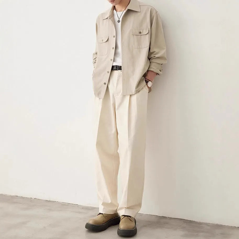 Men's long sleeve lapel collar shirt in chemical fibre blend fabric, shown in light sand rice colour.