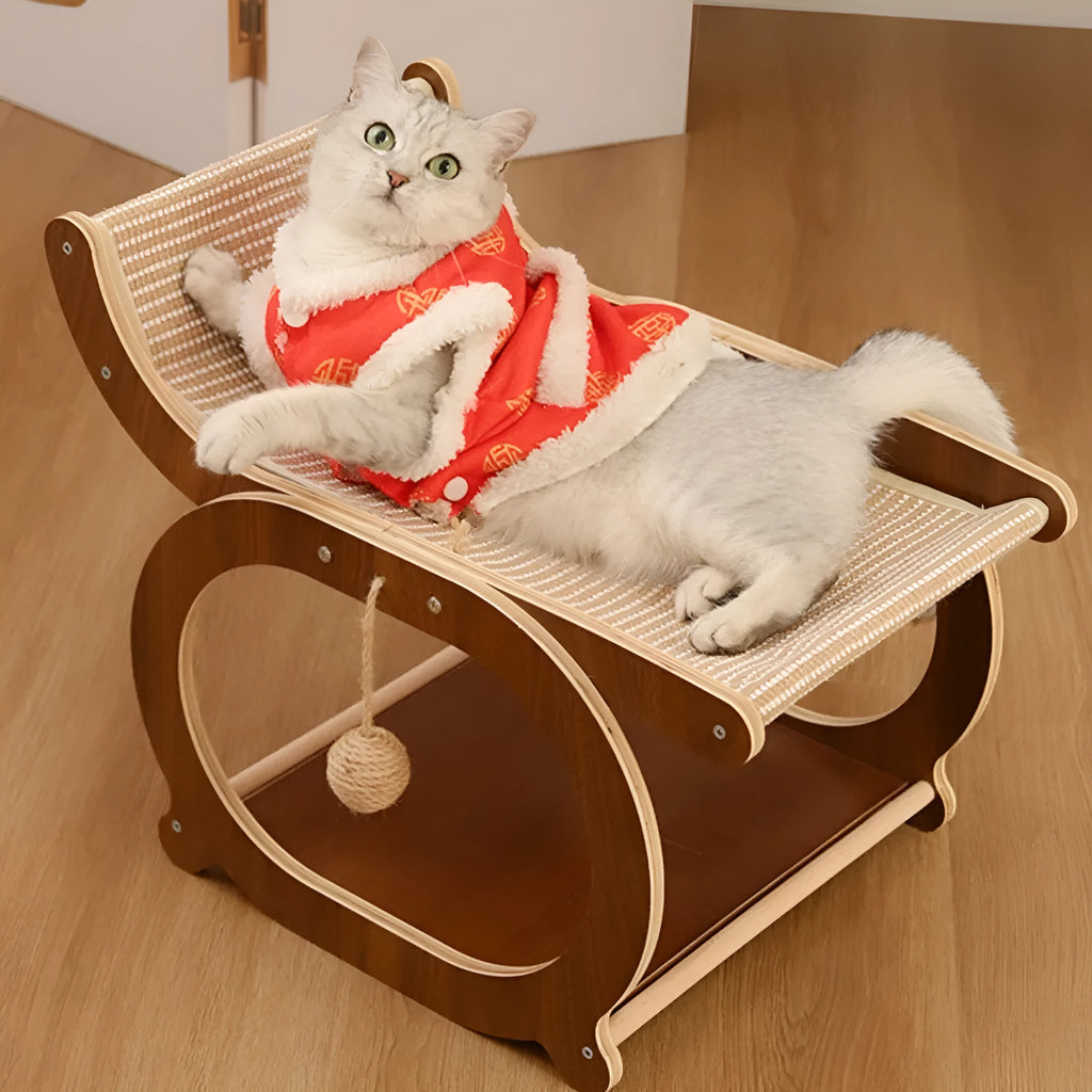 Solid wood recliner-style cat scratcher and bed with sisal surface in walnut colour.