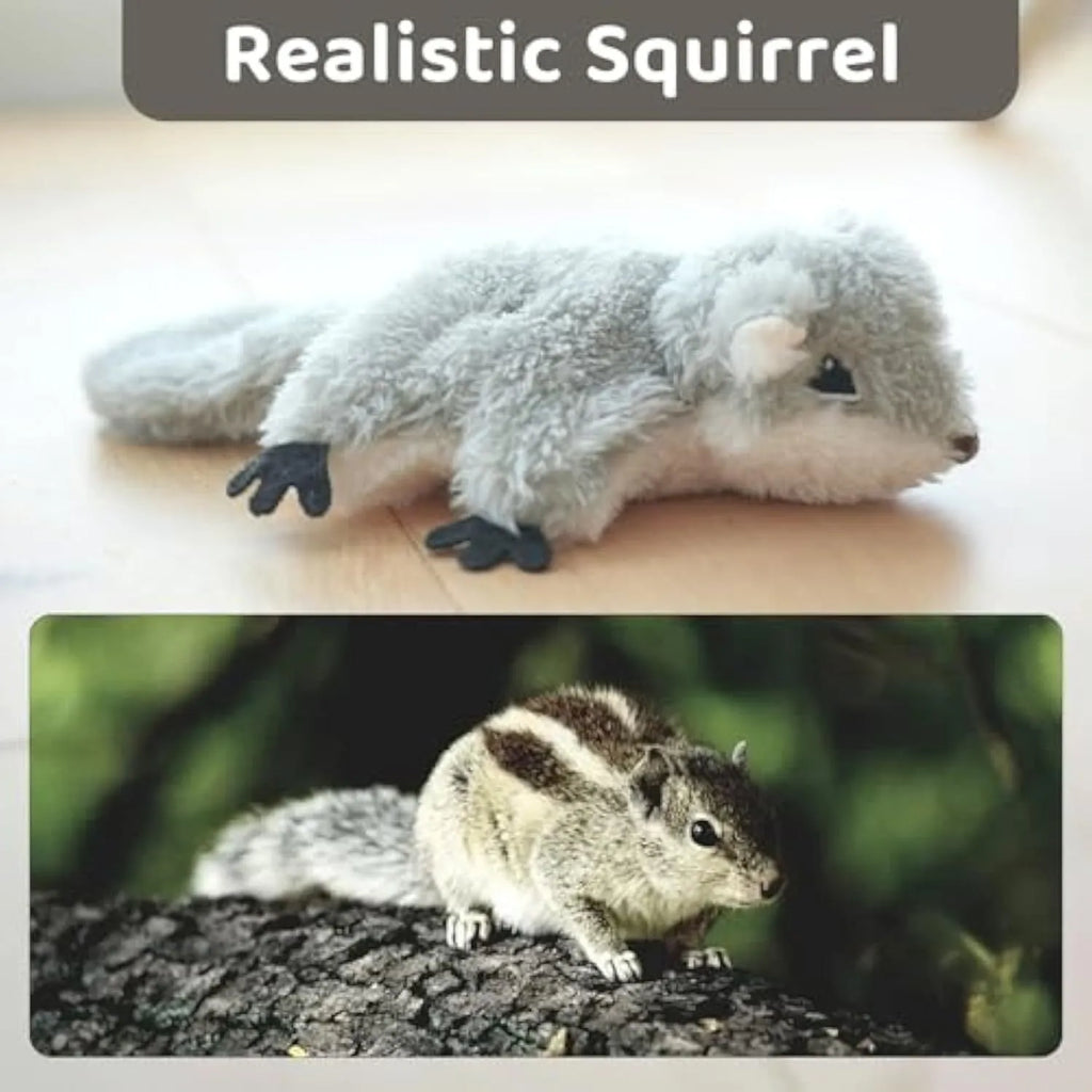 Gray flapping squirrel cat toy with touch-activated motion and USB charging port