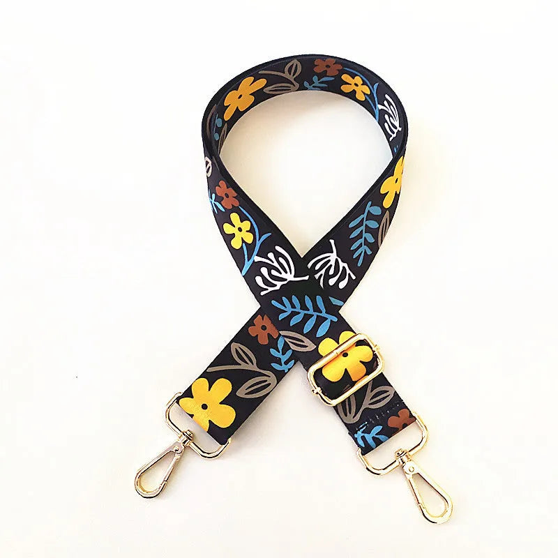 Colourful wide polyester cotton handbag shoulder strap with floral pattern and gold buckle