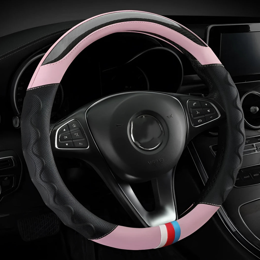 Carbon fibre pattern artificial leather steering wheel cover for 38cm diameter car wheels