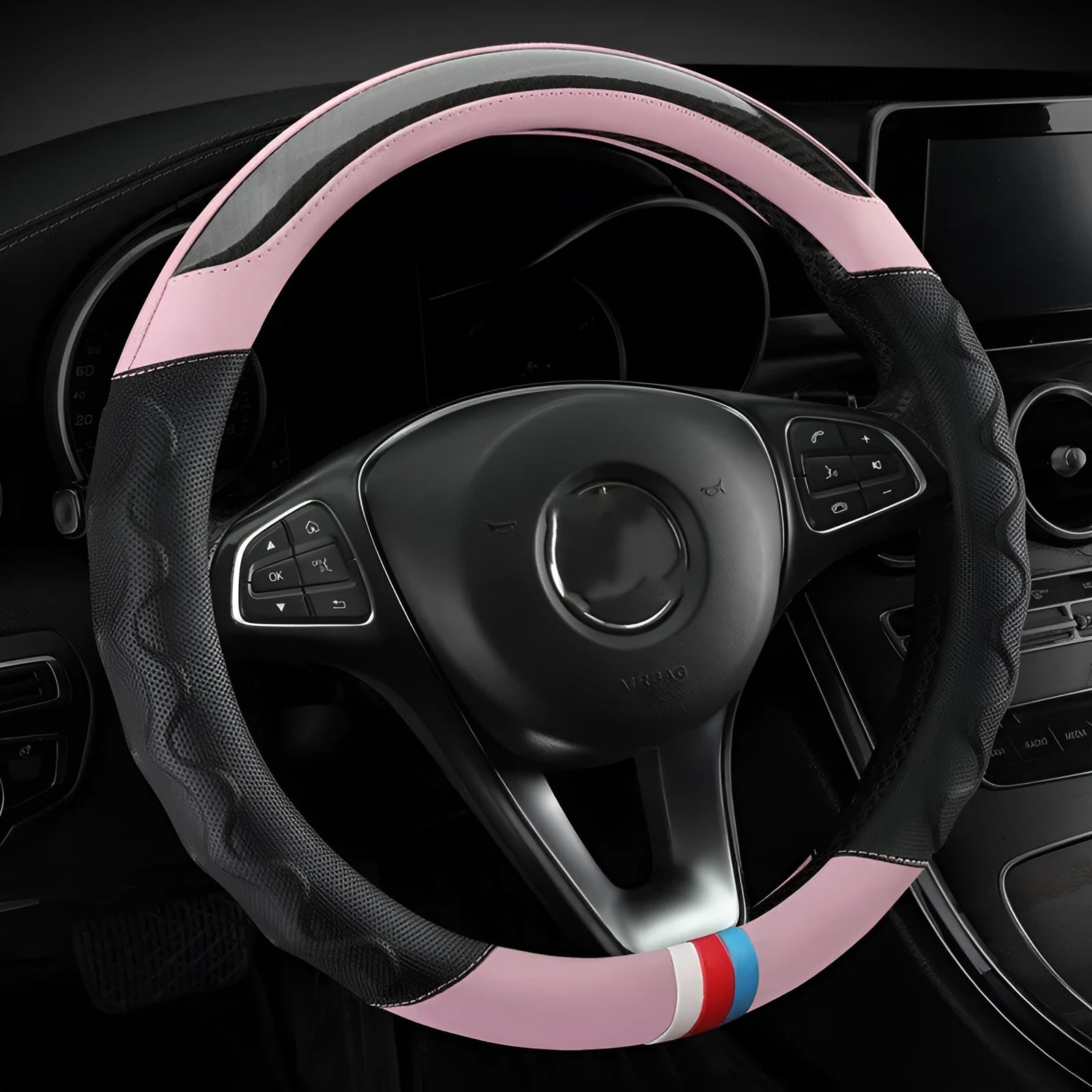 Carbon fibre pattern artificial leather steering wheel cover for 38cm diameter car wheels