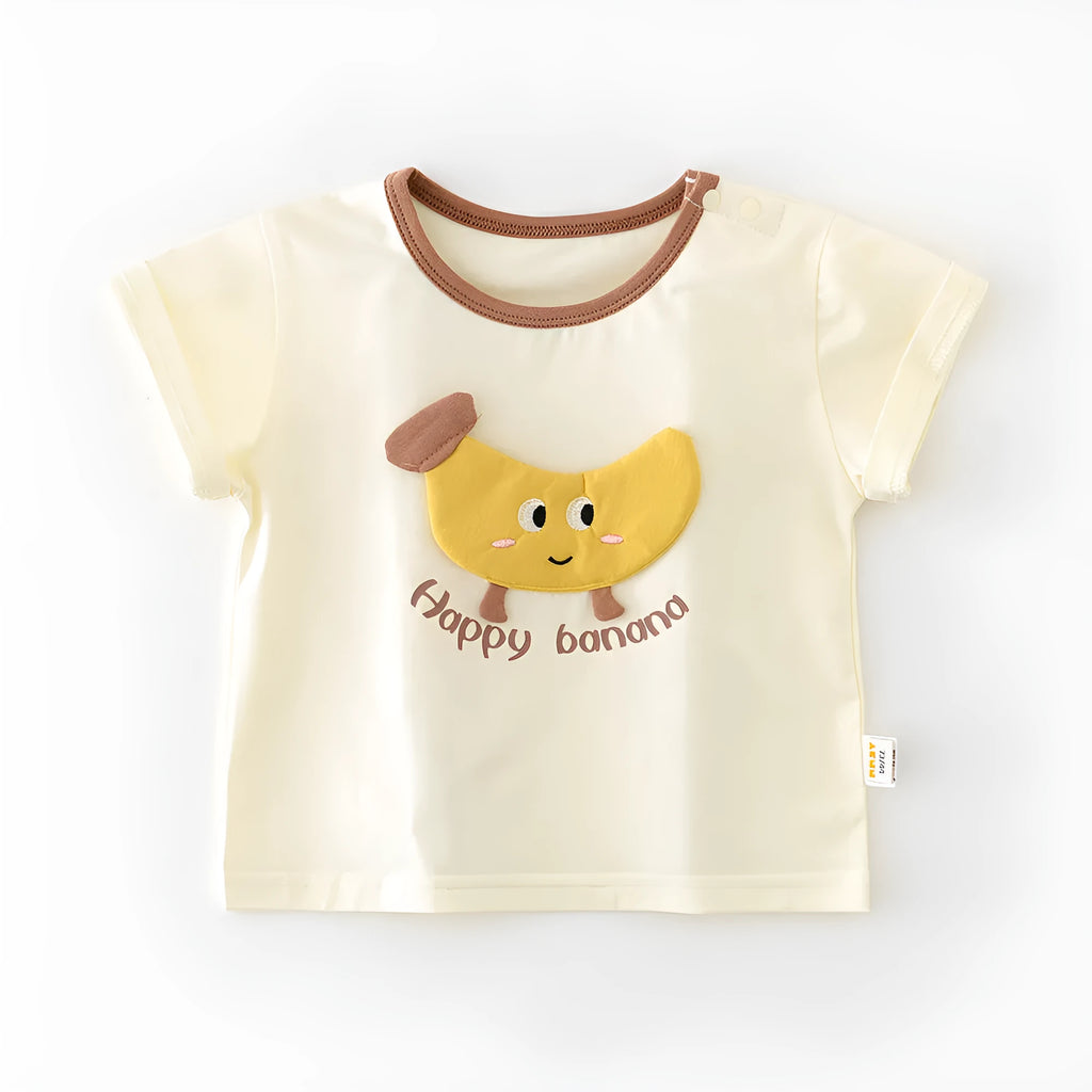 Baby summer cartoon banana round neck short sleeve top in cotton blend on white background