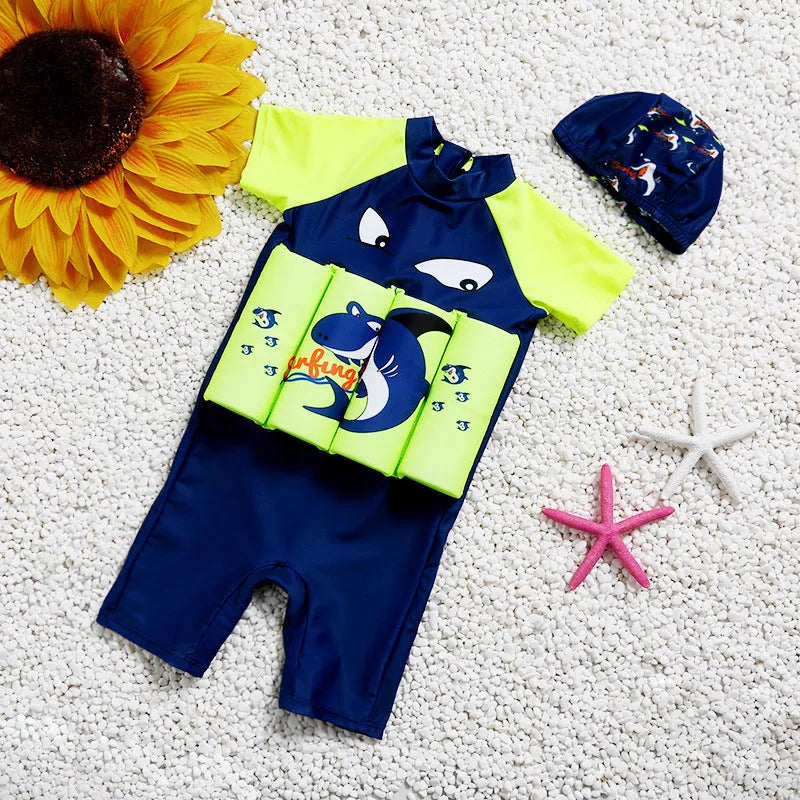 Children's buoyancy swimsuit in nylon fabric with cartoon or plaid design for pool learning.