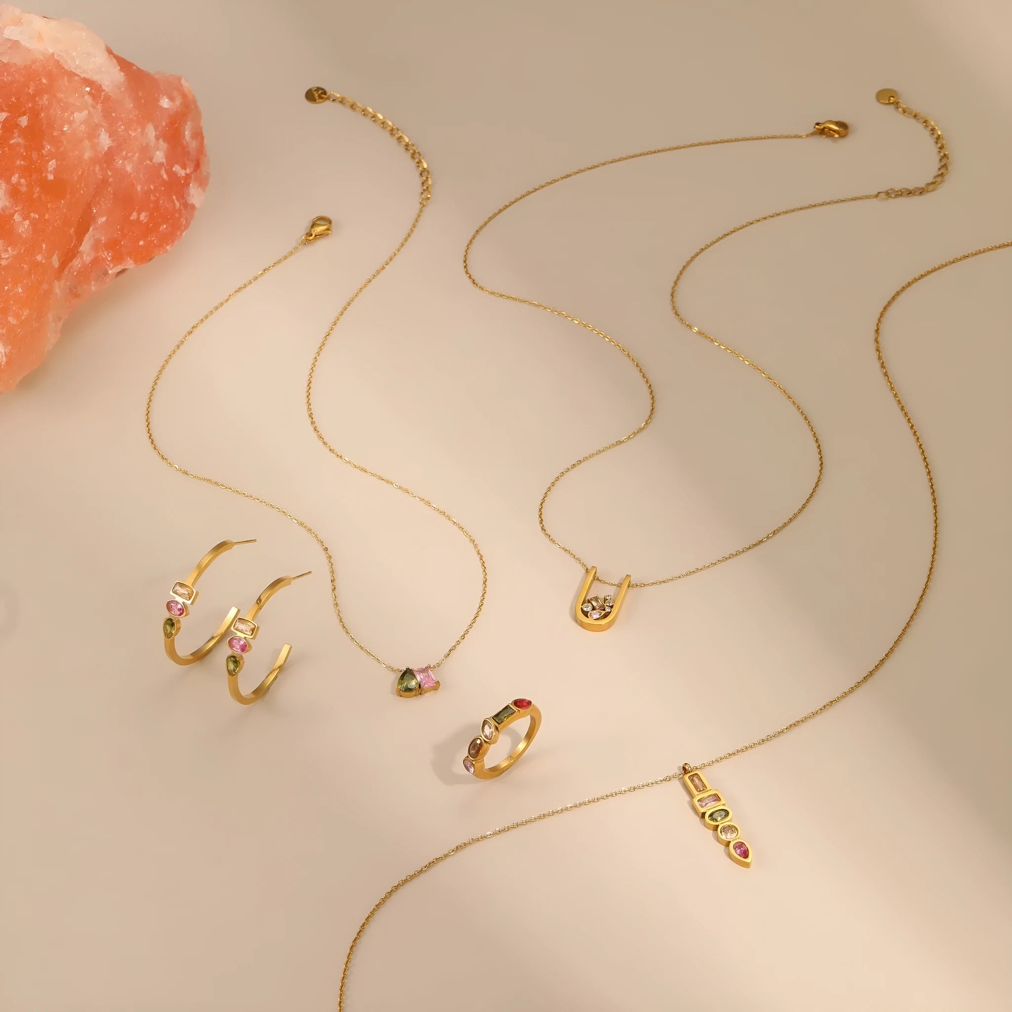 Gold plated geometric zircon jewellery set with necklace, ring, and earrings on adjustable 41-50cm chain