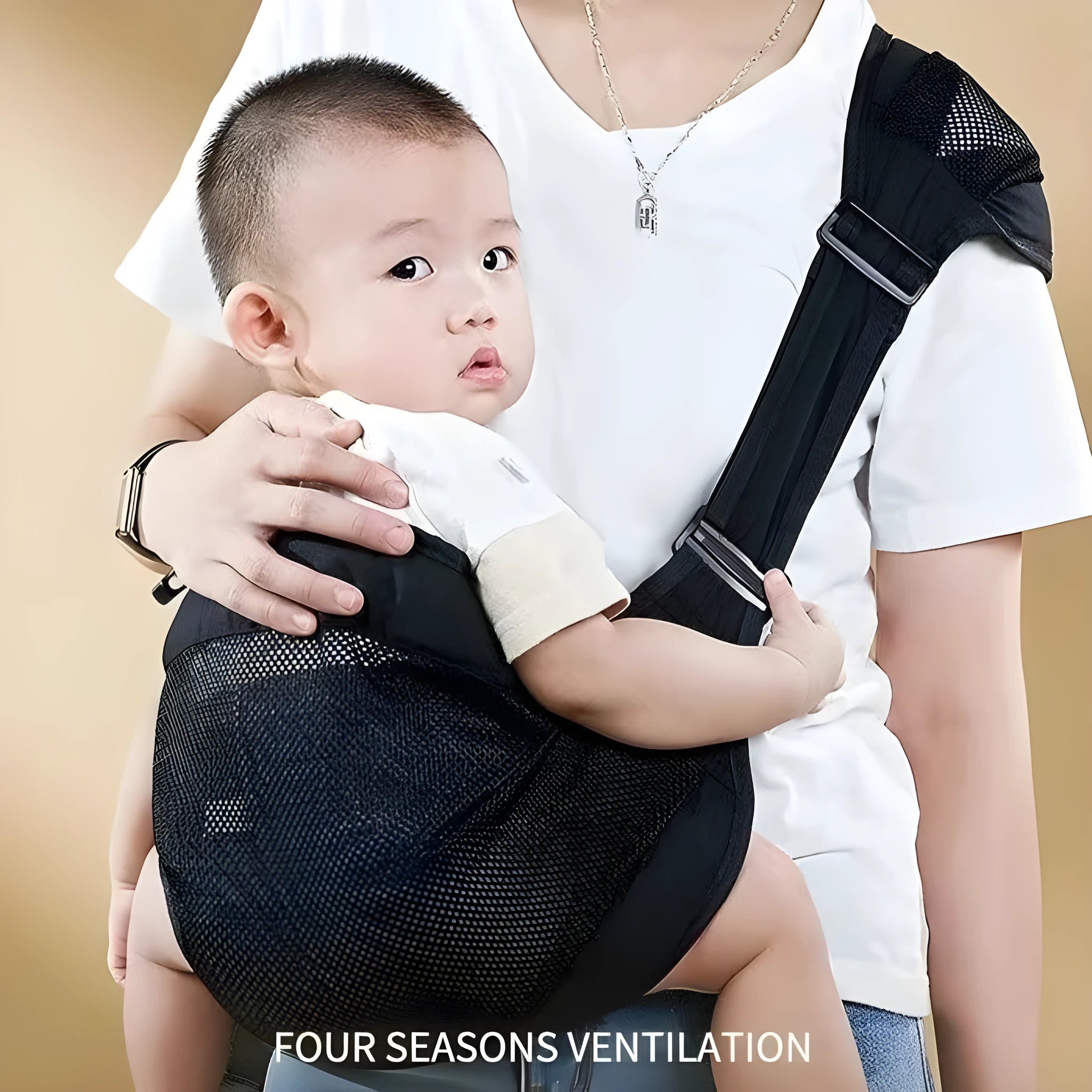 Baby carrier waist stool in cloth material, shown in one of four colour options: black, green, gray, or pink.