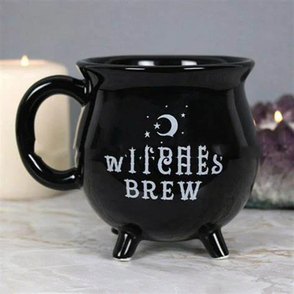 Ceramic witch coffee mug in porcelain with cartoon pattern, 301-400ml capacity, available in Black or White