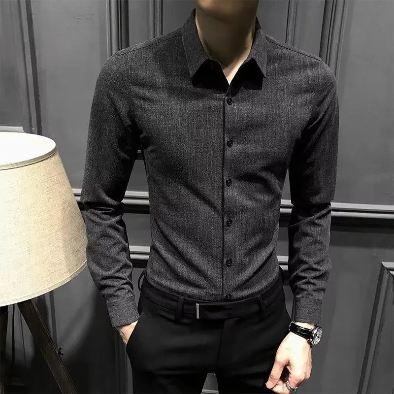 Men's long sleeve polyester shirt in black or coffee colour, loose fit, sizes M to 3XL, autumn winter casual top.
