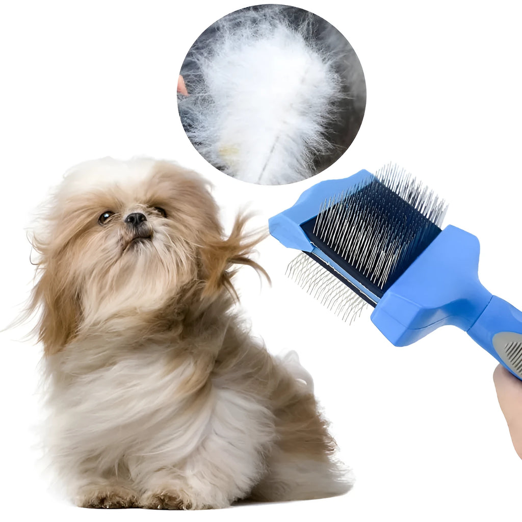 Double-sided pet grooming brush with stainless steel pins and flexible rubber backing in blue colour
