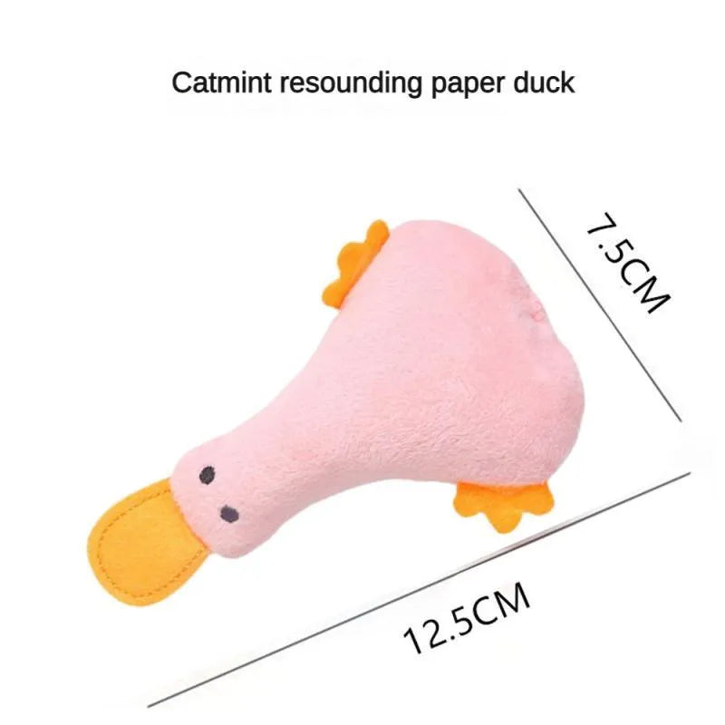 Duck-shaped plush pet toy with squeaker and catnip filling in various colours