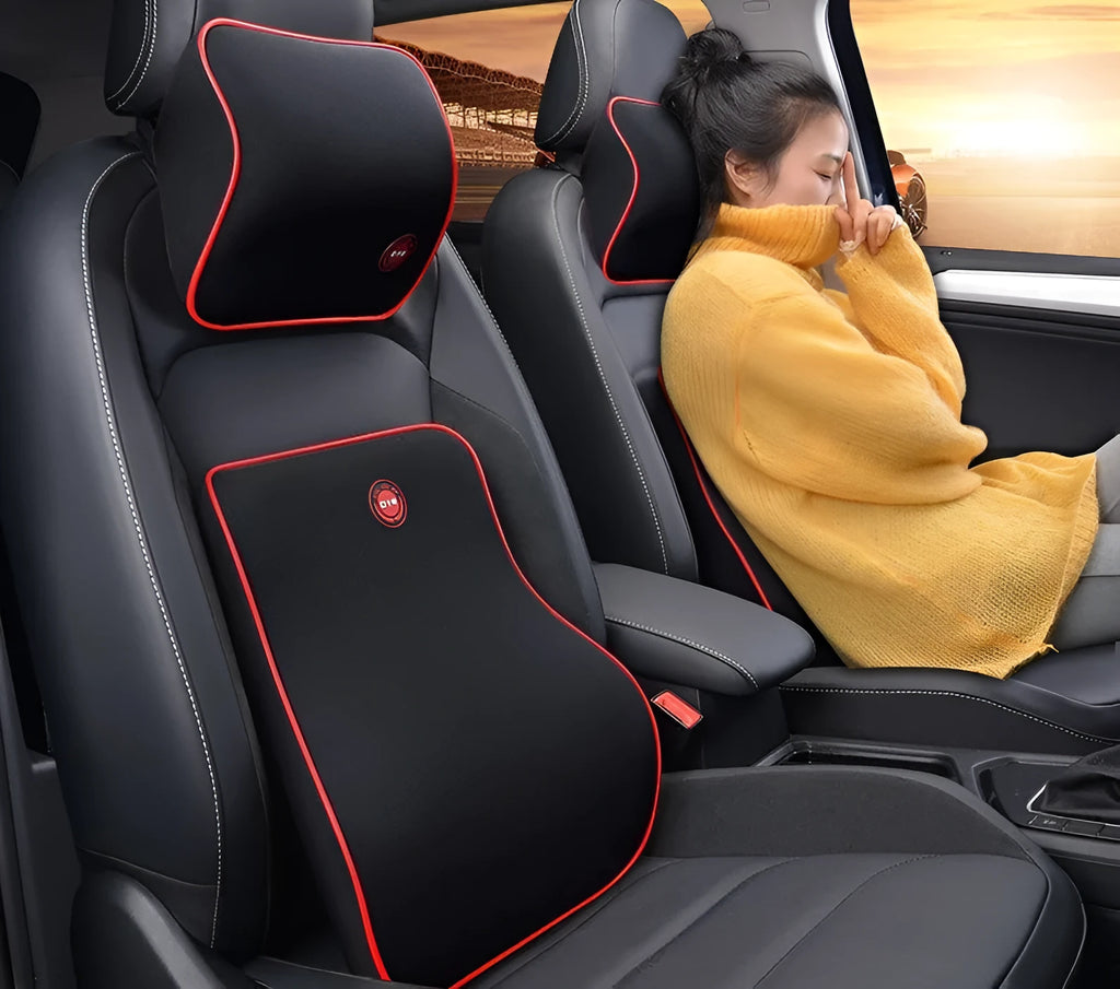 Car headrest and lumbar support pillow set in black, grey, coffee, or red, with polyester cover and bamboo charcoal memory foam filling, 0.9kg.