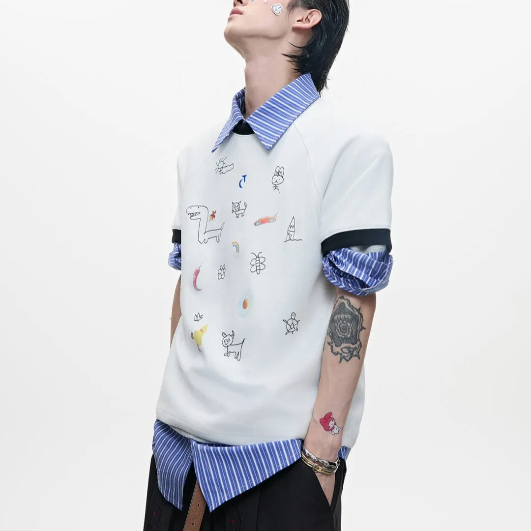 Man wearing a blue short sleeve shirt with a cartoon print design and loose fit