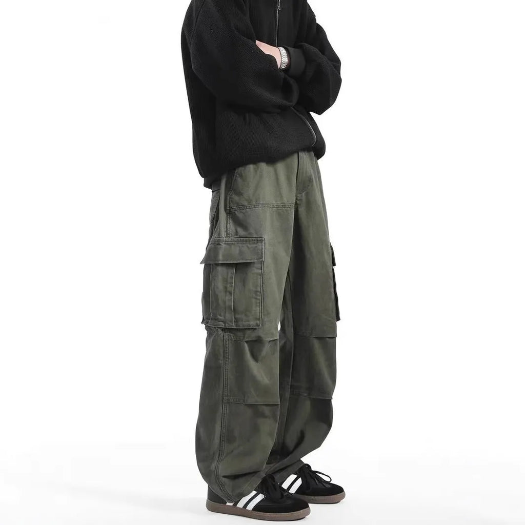 Men's multi-pocket cargo pants in army green or grey, cotton workwear trousers with drawstring waist, sizes M to 3XL