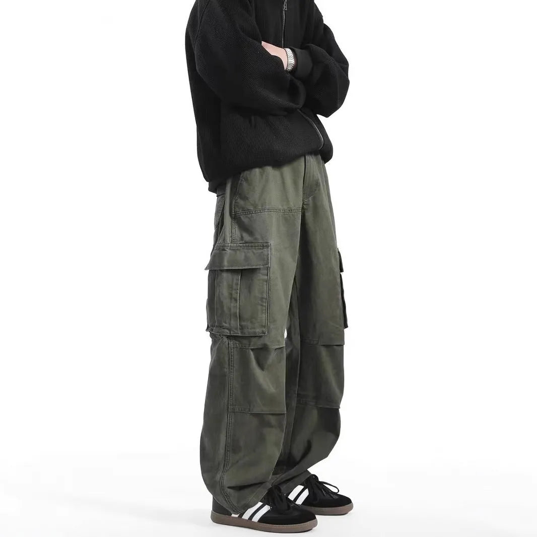 Men's multi-pocket cargo pants in army green or grey, cotton workwear trousers with drawstring waist, sizes M to 3XL