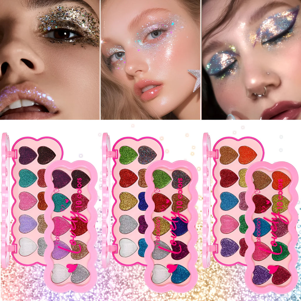 Pearlescent heart-shaped ten-colour sequin eye shadow palette showing shades of pink, blue, purple and brown.
