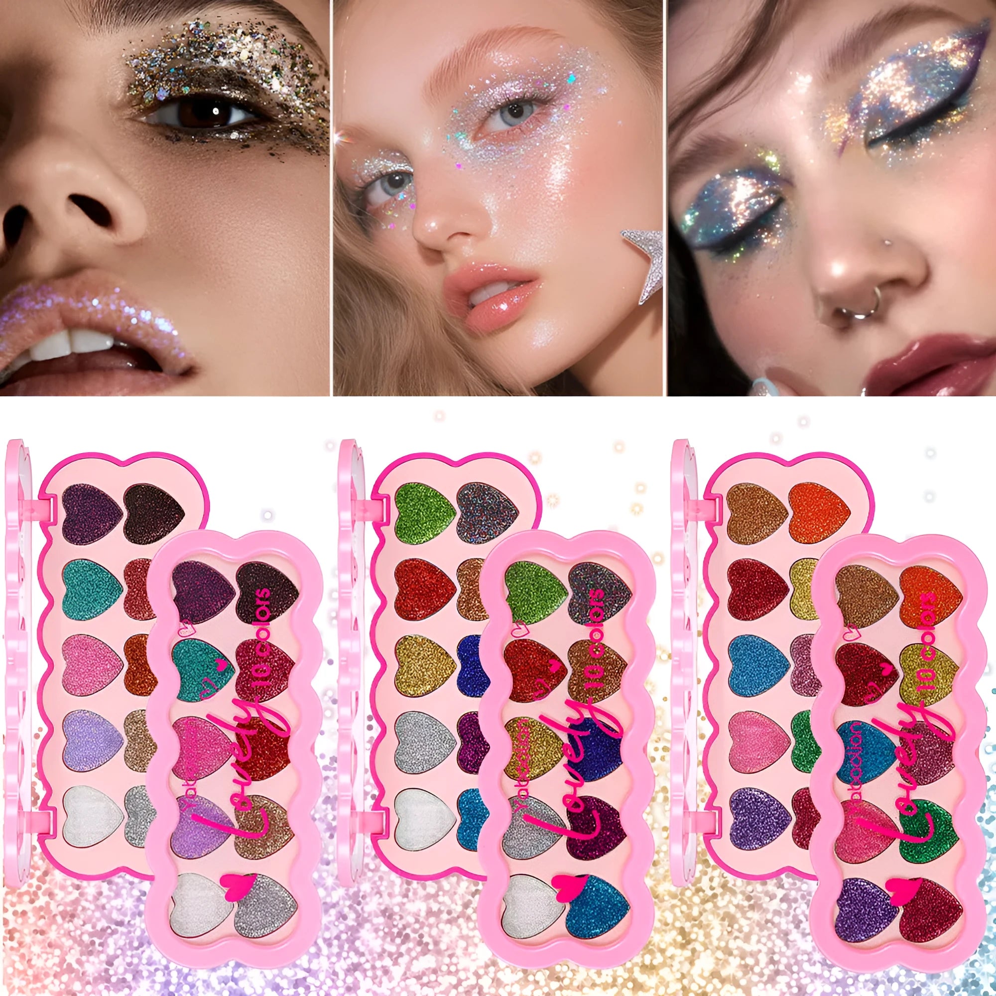 Pearlescent heart-shaped ten-colour sequin eye shadow palette showing shades of pink, blue, purple and brown.