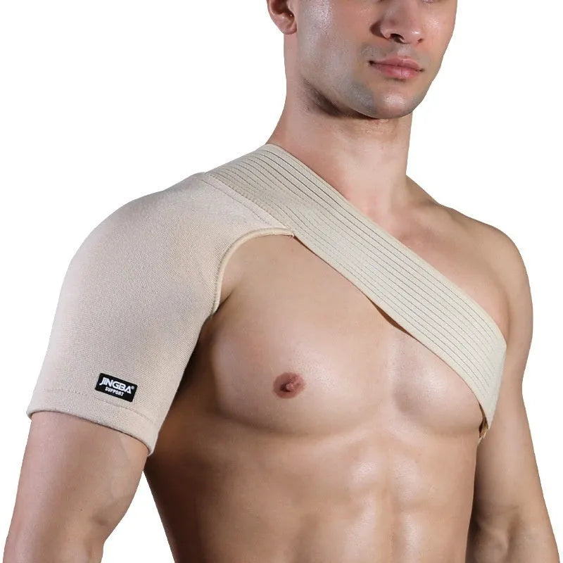 Adjustable skin-colour shoulder support brace with breathable strap for weightlifting and sports.