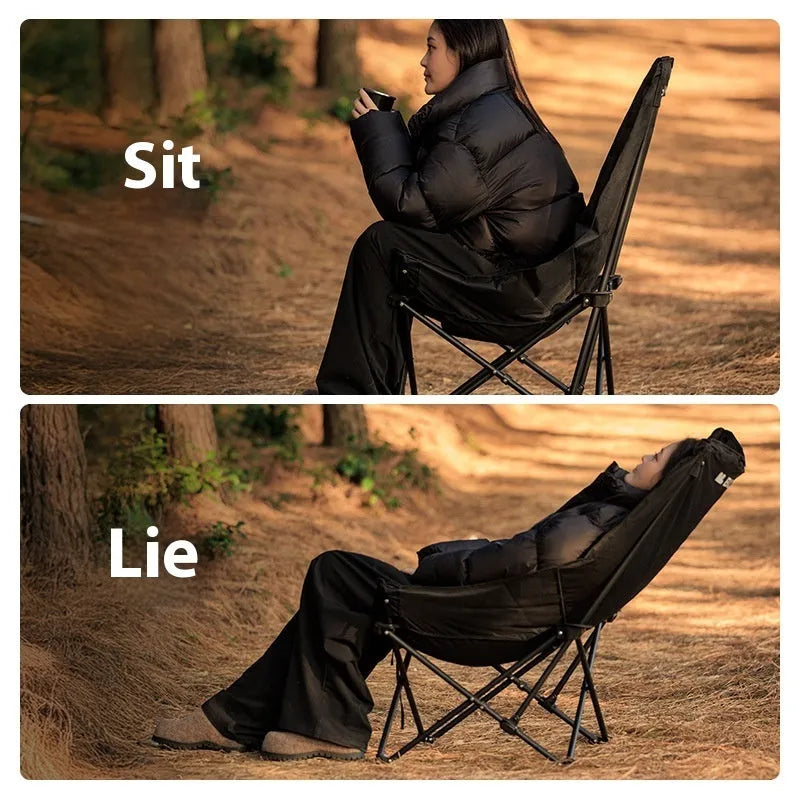 Night black Oxford cloth camping moon chair in folded position with carrying bag