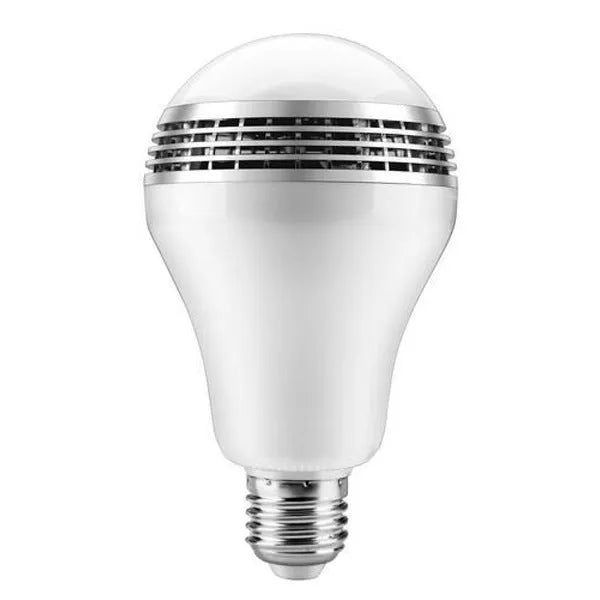 Smart LED light bulb with Bluetooth speaker functionality showing E27 base and polycarbonate housing