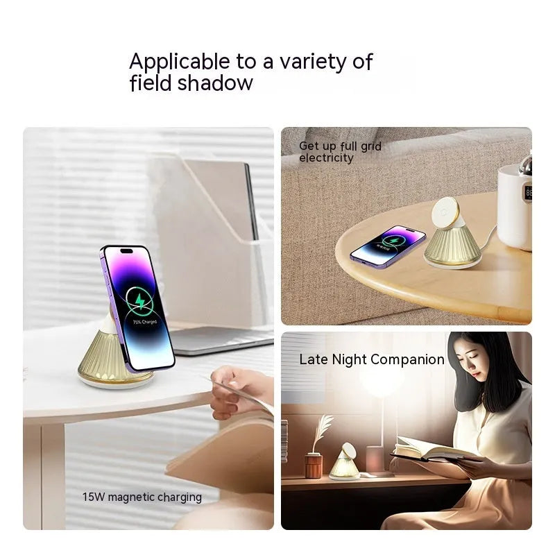 Champagne gold night table lamp with integrated magnetic wireless charging pad and dimmable LED light.