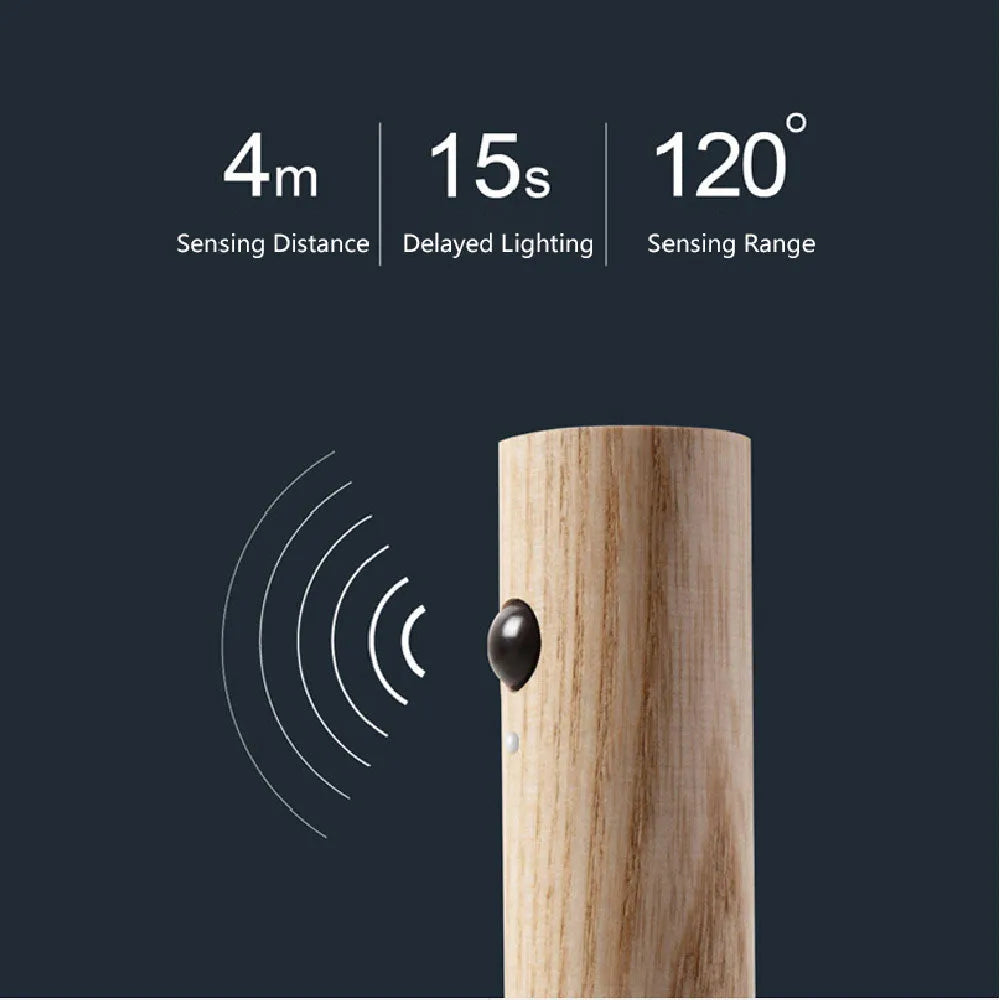 Auto LED USB magnetic wood night light with PIR motion sensor on wall, warm light