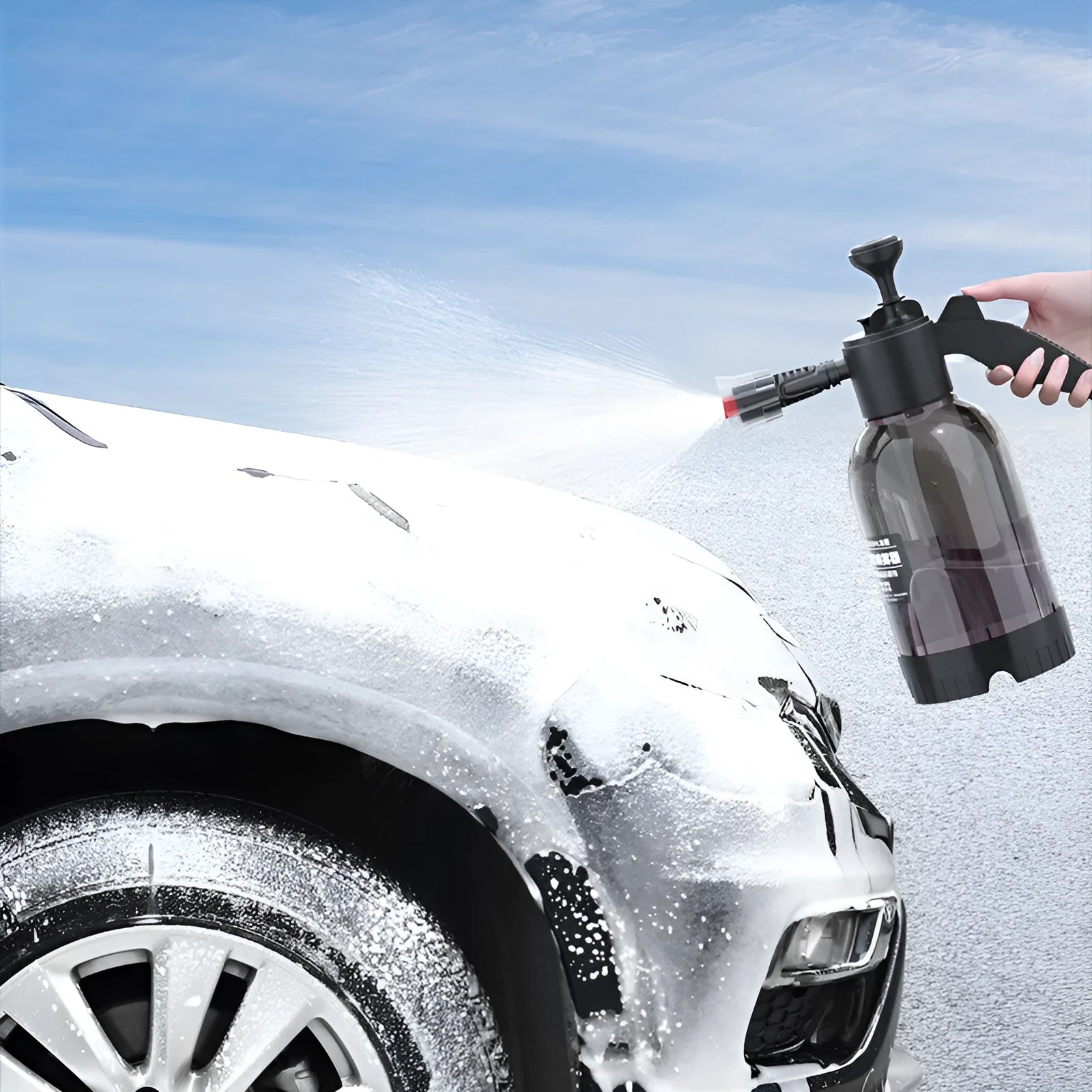Black 2 litre foam watering can with hand-held sprayer and two nozzle attachments