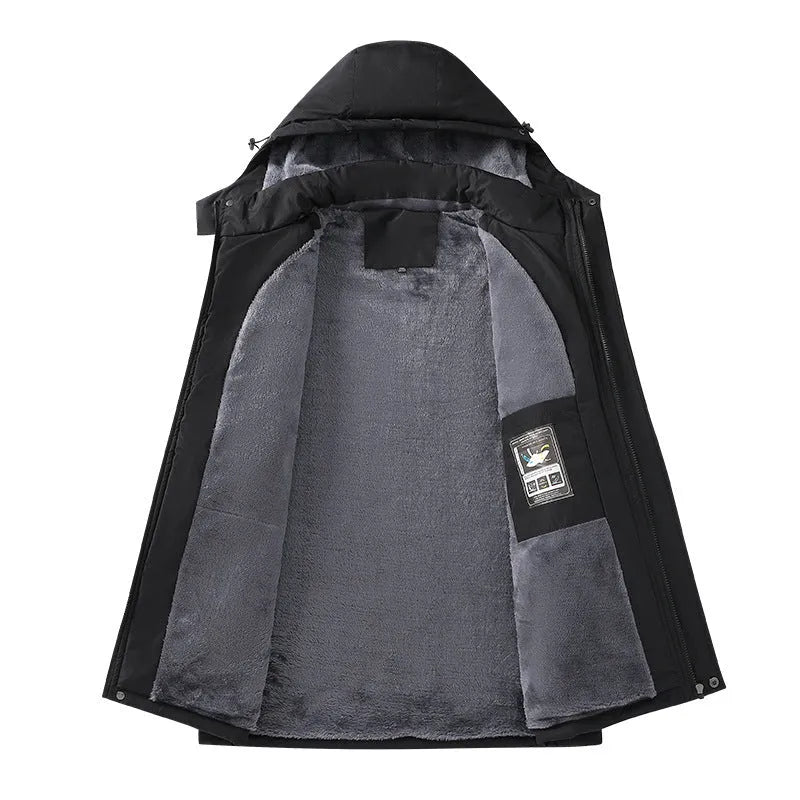 Men's plus size loose hooded coat in Army Green, showing waterproof polyester construction