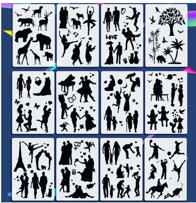 Set of white plastic drawing stencils with various cut-out design patterns