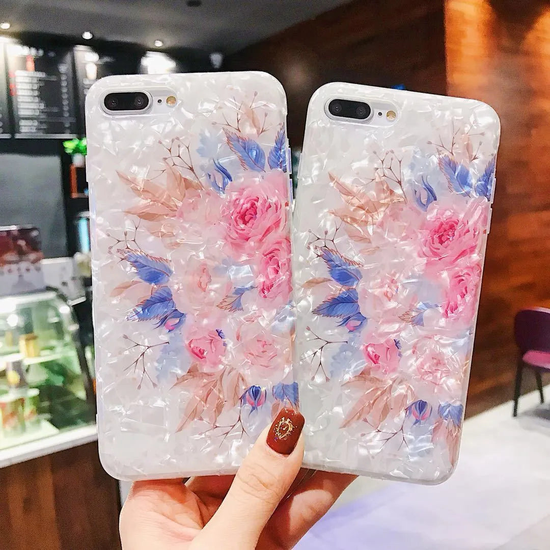 Dream Shell soft TPU silicone iPhone case with rose flower design in brown, purple or white