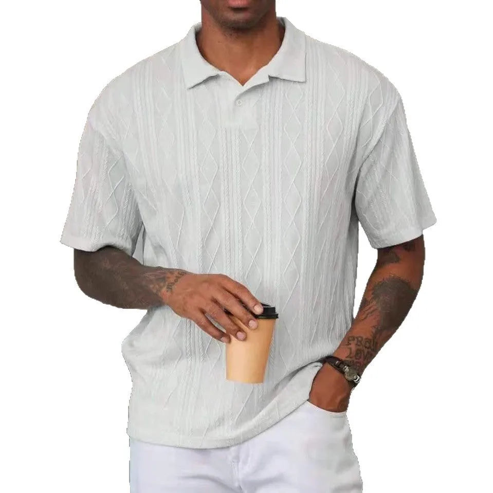Retro button lapel short sleeve t-shirt in cotton blend fabric showing side slit detailing