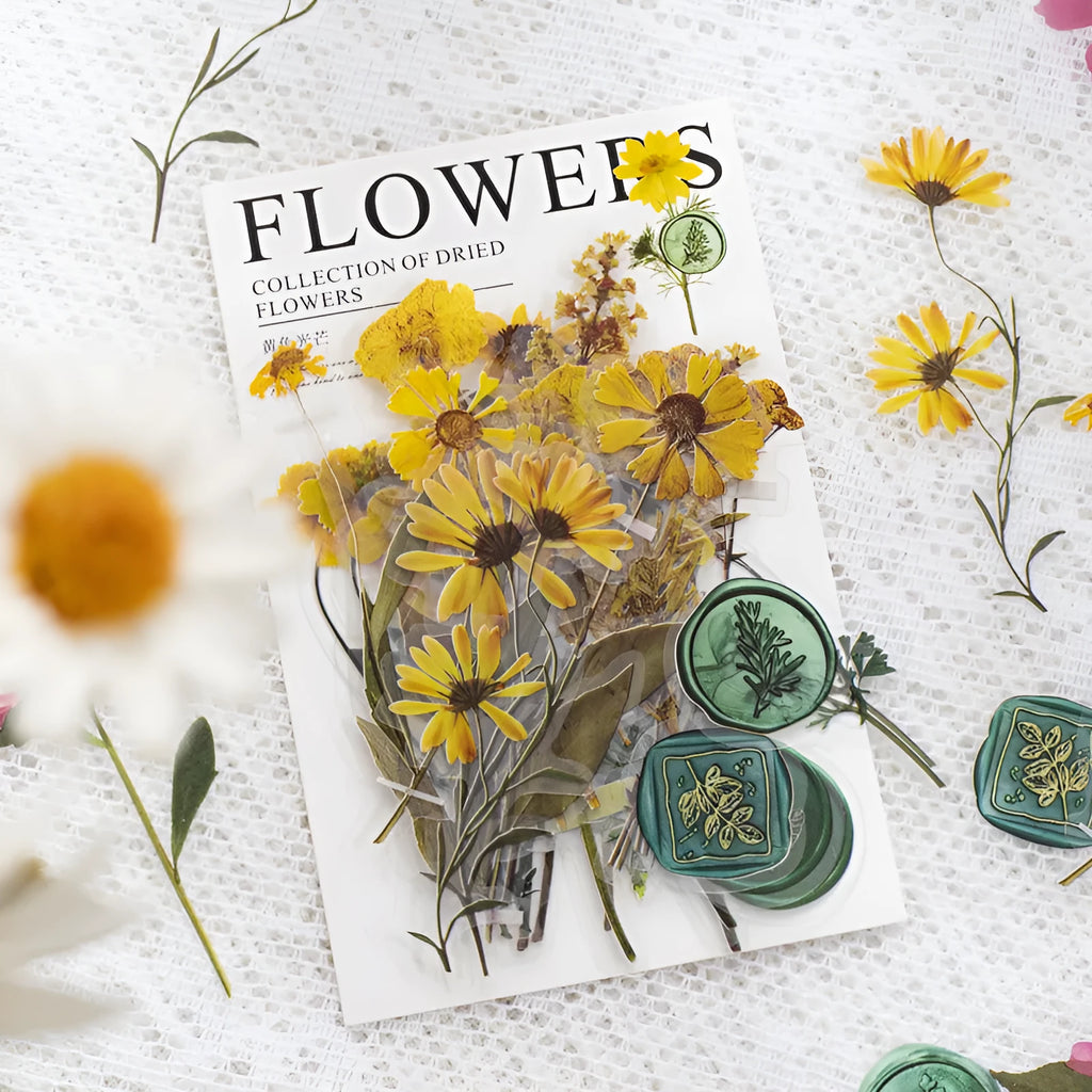 Square 70mm dried flowers journal stickers in eight artistic colour styles including dark night purple and rose nebula