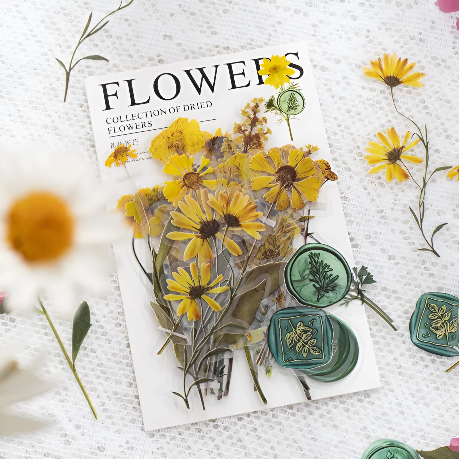 Square 70mm dried flowers journal stickers in eight artistic colour styles including dark night purple and rose nebula