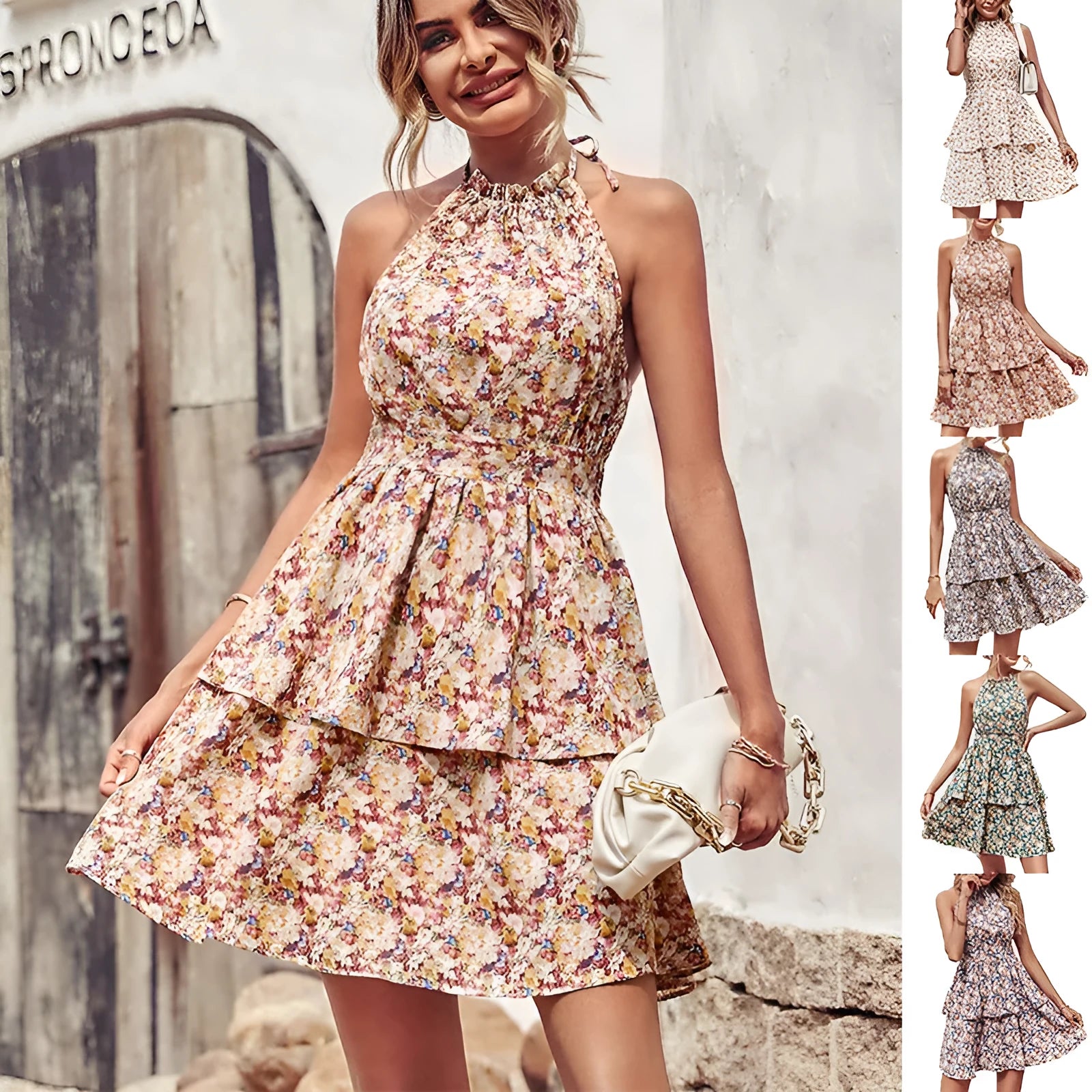 Women's backless halter dress with boho design and A-line ruffle silhouette